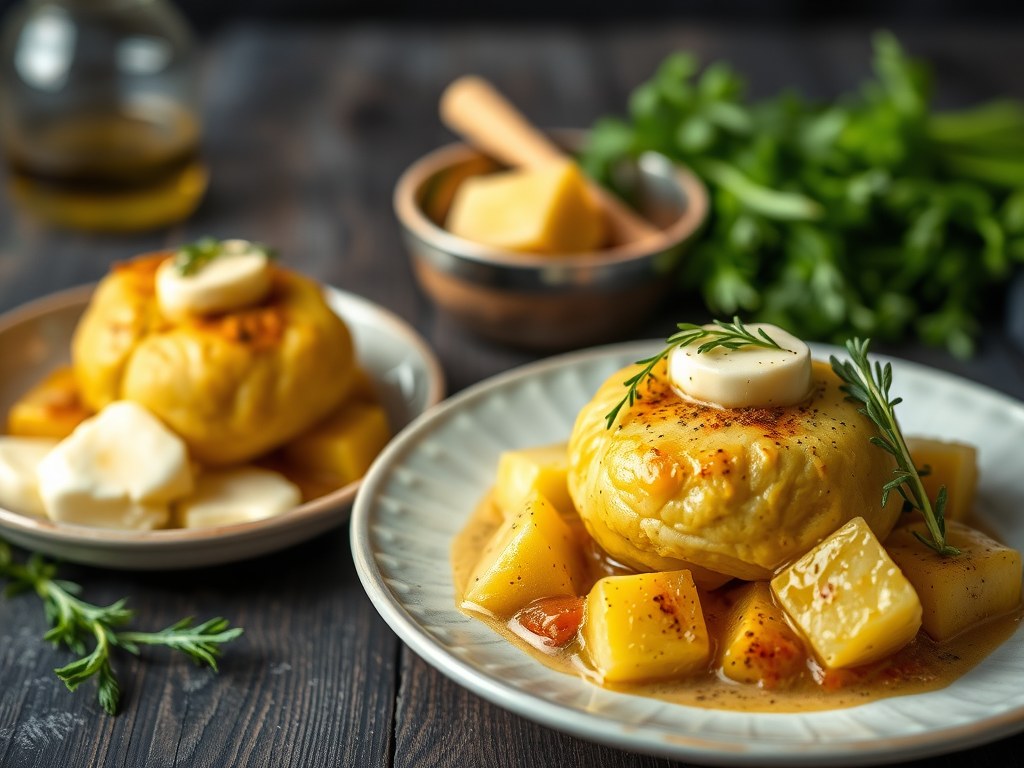 Polderaardappel gevuld met garnaaltjes en Hollandse saus, AI-gegenereerde illustratie