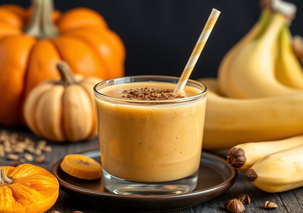 Pompoen-banaansmoothie, AI-gegenereerde illustratie