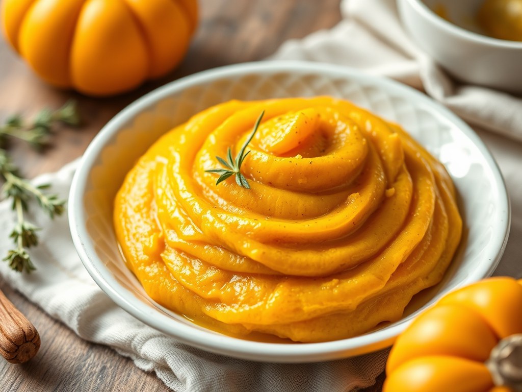 Pompoen purée als vervanger van aardappelpurée, AI-gegenereerde illustratie