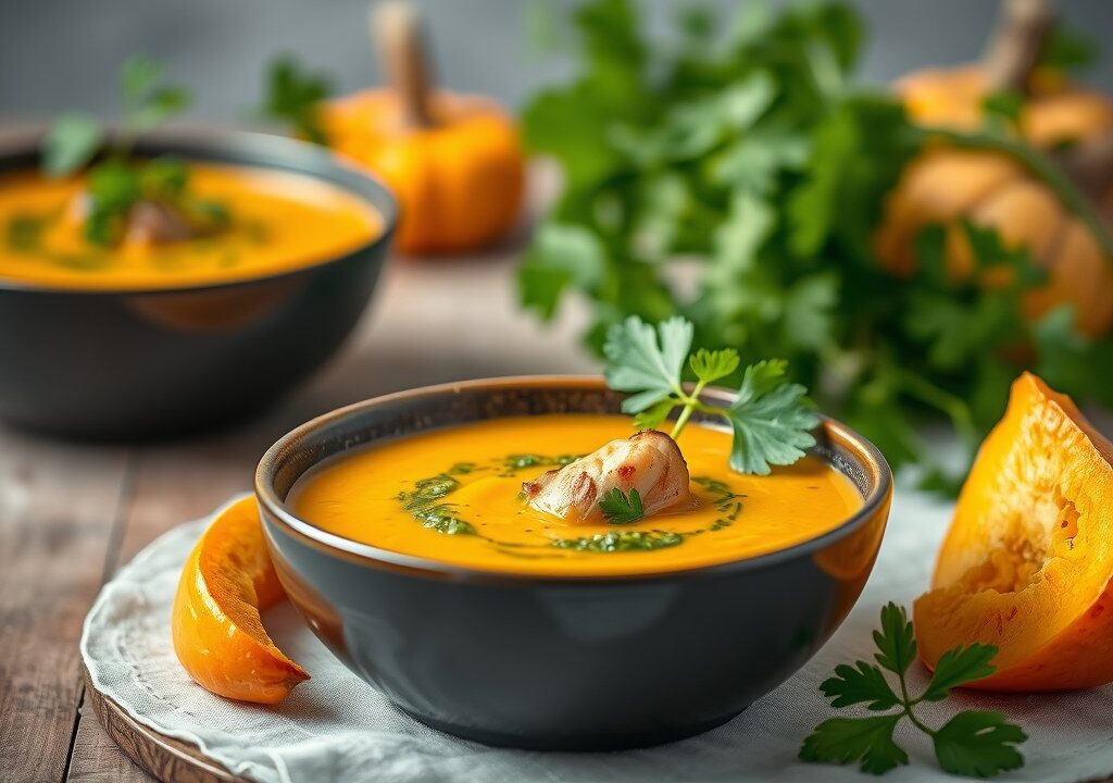 Pompoensoep met peterseliepesto en gerookte kip — AI-gegenereerde illustratie