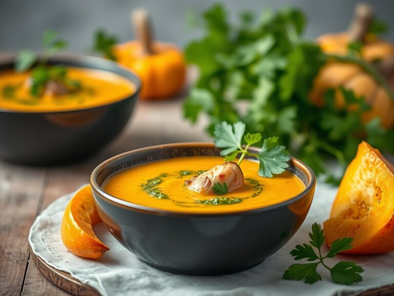 Pompoensoep met peterseliepesto en gerookte kip — AI-gegenereerde illustratie