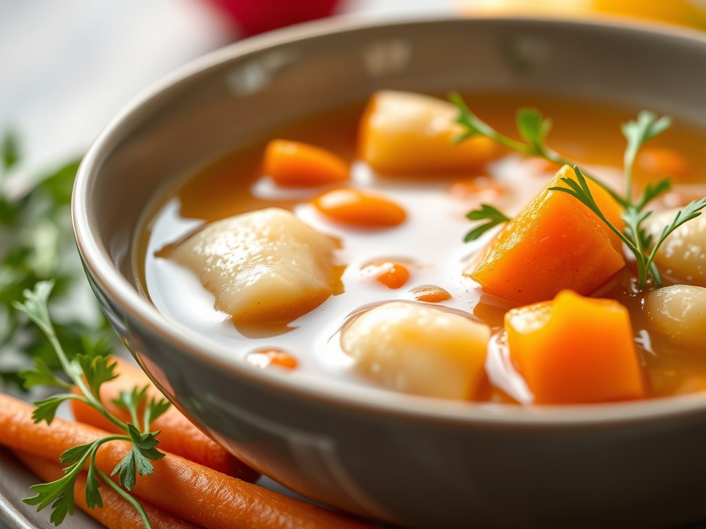 Poon in een groenteconsommé, AI-gegenereerde illustratie