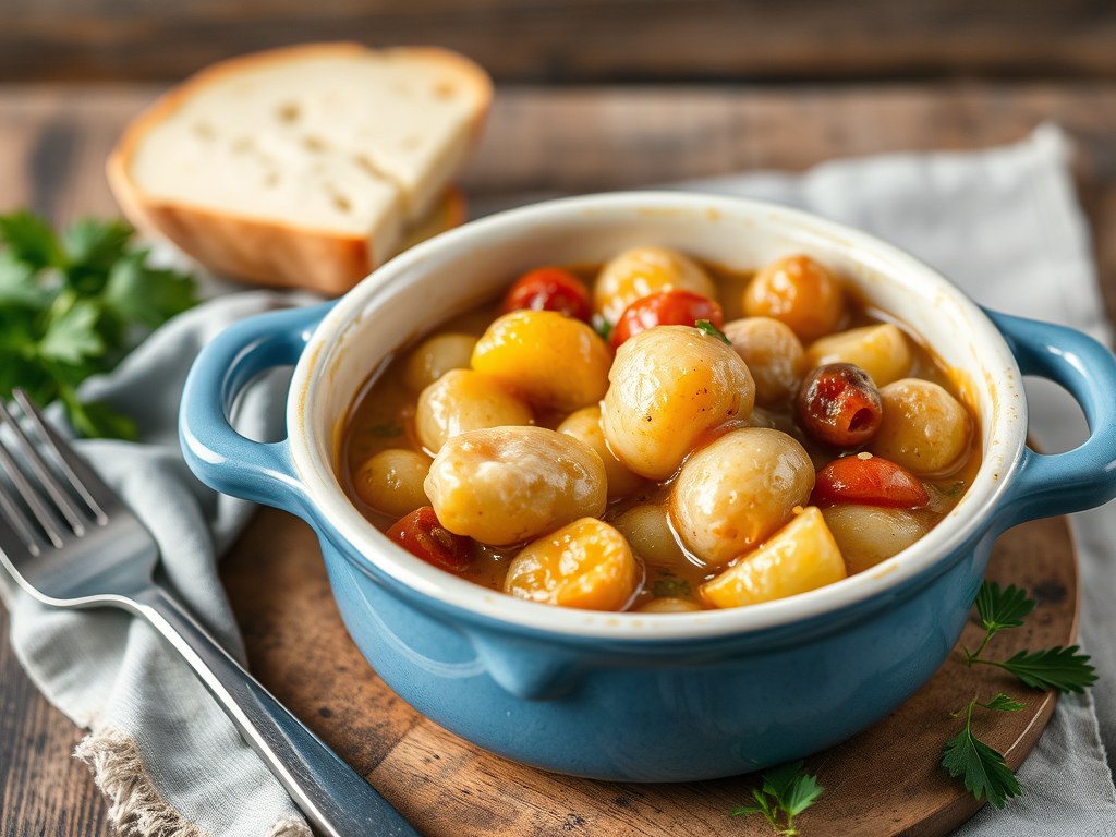 Potje van vleesblokjes, poserende sluimerwtjes en aardappeltjes, AI-gegenereerde illustratie