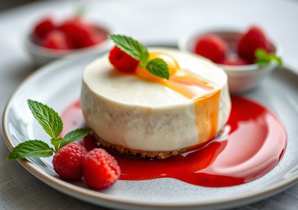 Praliné semifreddo met duo van coulis — AI-gegenereerde illustratie