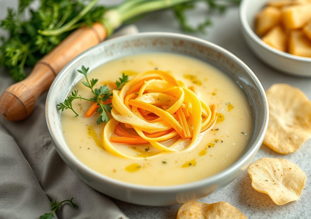 Prei-aardappelsoep met tagliatelle van wortel en witte rammenas, amandelschilfers — AI-gegenereerde illustratie