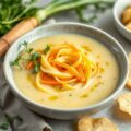 Prei-aardappelsoep met tagliatelle van wortel en witte rammenas, amandelschilfers