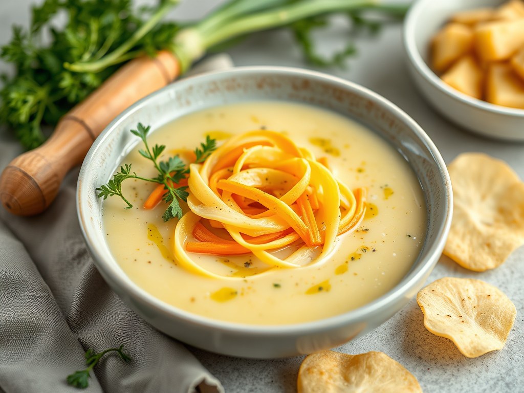 Prei-aardappelsoep met tagliatelle van wortel en witte rammenas, amandelschilfers, AI-gegenereerde illustratie