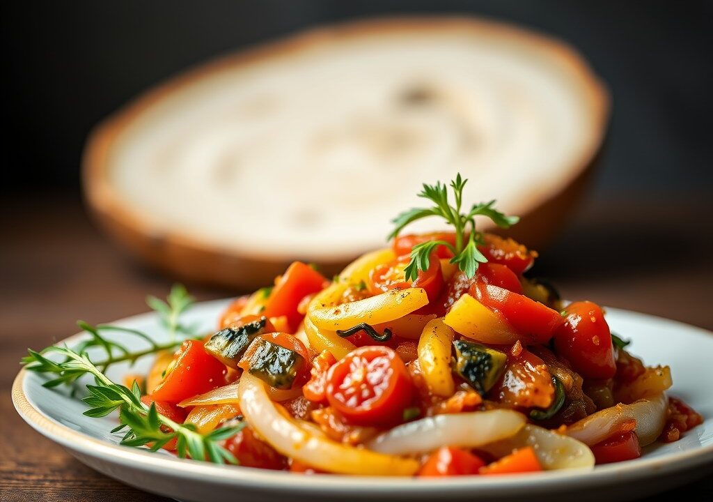 Prei-ratatouille met saffraan — AI-gegenereerde illustratie