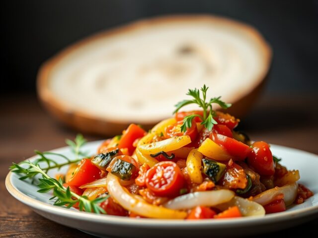 Prei-ratatouille met saffraan — AI-gegenereerde illustratie