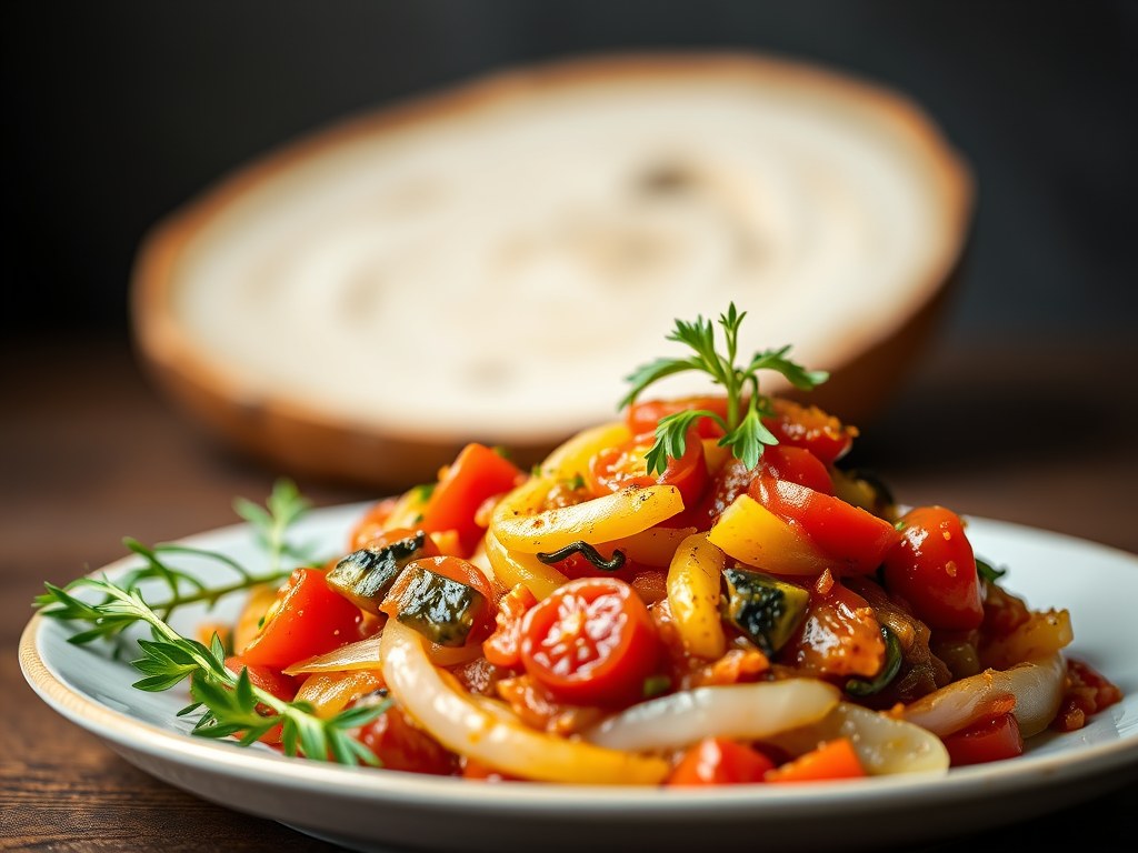 Prei-ratatouille met saffraan, AI-gegenereerde illustratie