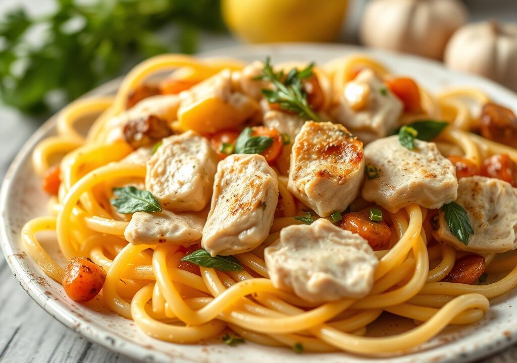 Provençaalse pastaschotel met kip en zuiderse groenten — AI-gegenereerde illustratie