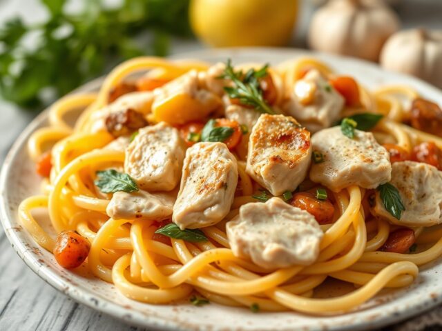 Provençaalse pastaschotel met kip en zuiderse groenten — AI-gegenereerde illustratie