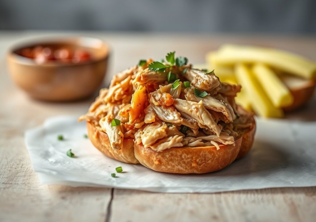 Pulled Chicken op een broodje, AI-gegenereerde illustratie