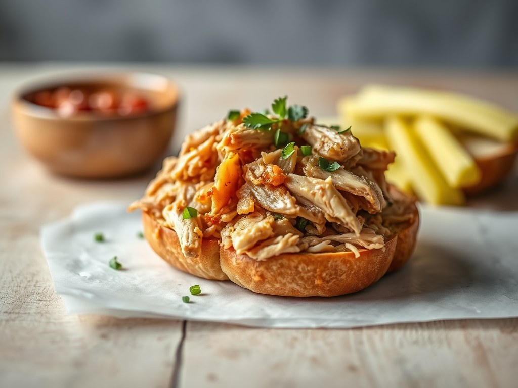 Pulled Chicken op een broodje, AI-gegenereerde illustratie
