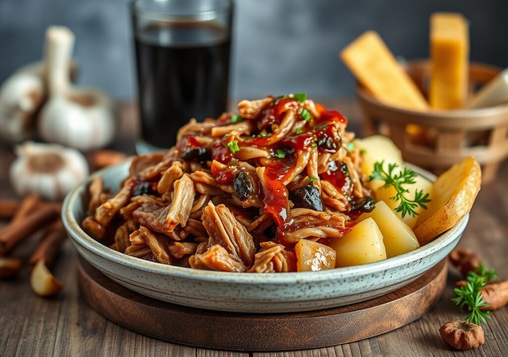Pulled pork met BBQ-colasaus en gepofte aardappelen met verse kruidenroom — AI-gegenereerde illustratie