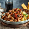 Pulled pork met BBQ-colasaus en gepofte aardappelen met verse kruidenroom