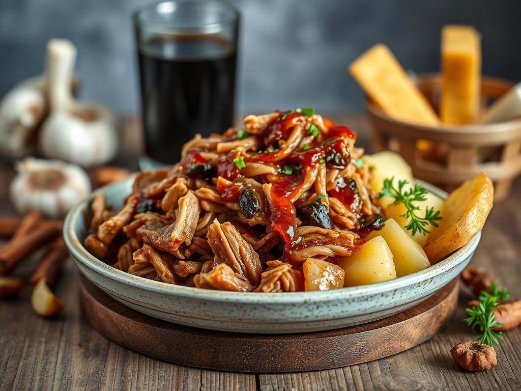 Pulled pork met BBQ-colasaus en gepofte aardappelen met verse kruidenroom, AI-gegenereerde illustratie
