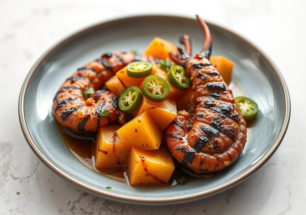 Pulpo met zoete aardappelen zhoug, AI-gegenereerde illustratie