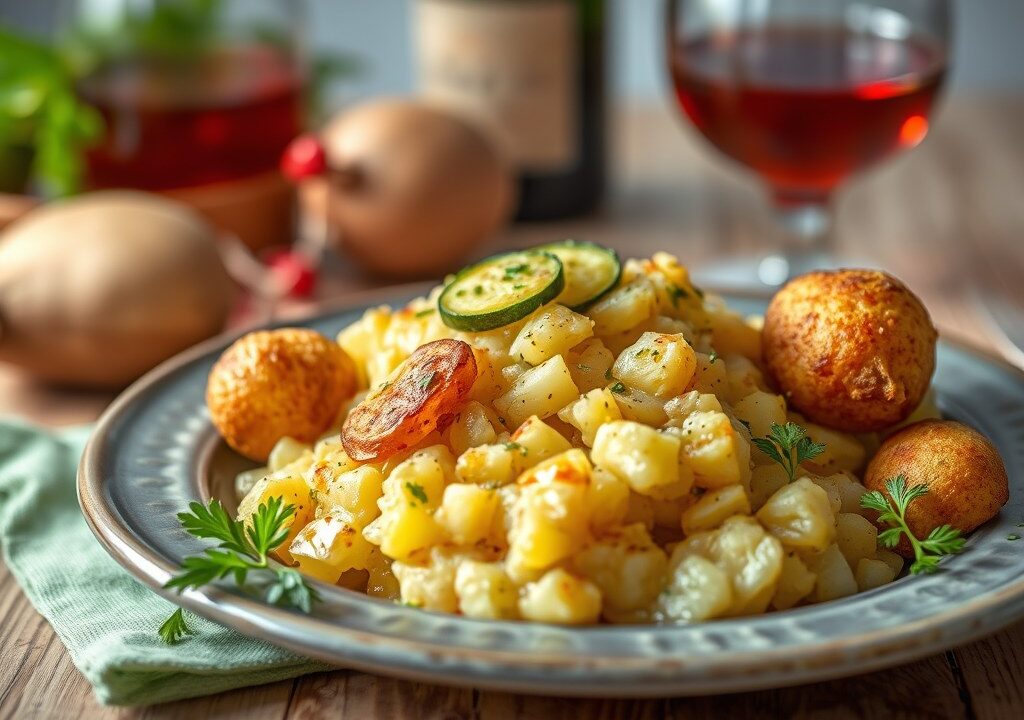 Puree van aardappel en courgette met parelhoen en rode wijn — AI-gegenereerde illustratie