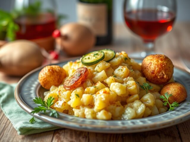 Puree van aardappel en courgette met parelhoen en rode wijn — AI-gegenereerde illustratie