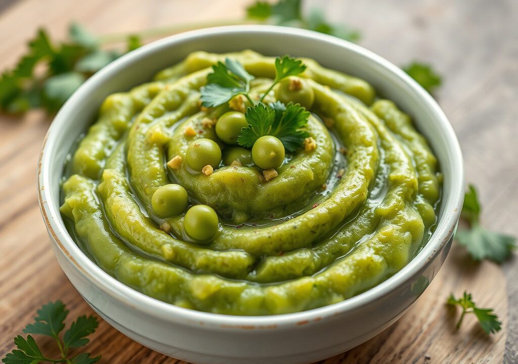 Puree van erwten met koriander, AI-gegenereerde illustratie