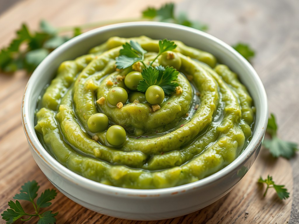 Puree van erwten met koriander, AI-gegenereerde illustratie