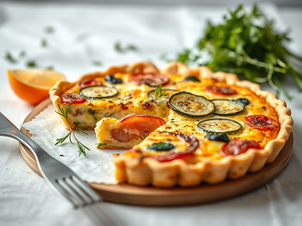 Quiche met asperges en zalm, AI-gegenereerde illustratie