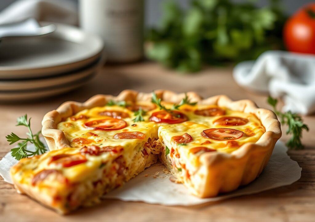 Quiche met ham en cheddar, AI-gegenereerde illustratie