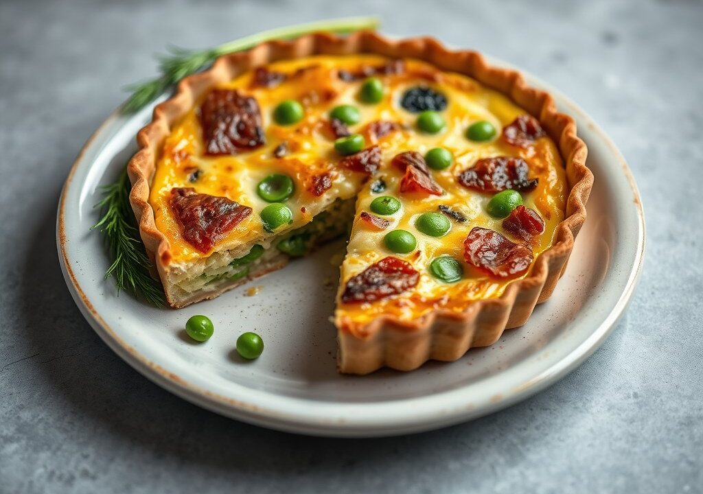 Quiche met kippenragout en doperwten, AI-gegenereerde illustratie