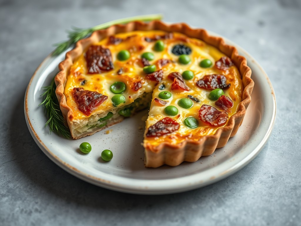 Quiche met kippenragout en doperwten, AI-gegenereerde illustratie
