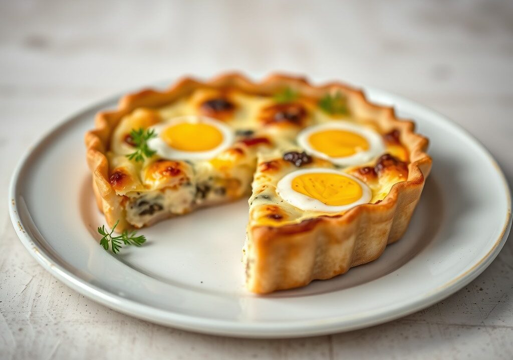 Quiche met peer en roquefortcrème, AI-gegenereerde illustratie