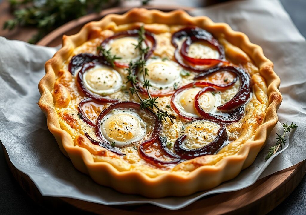 Quiche met rode ui, tijm en geitenkaas — AI-gegenereerde illustratie