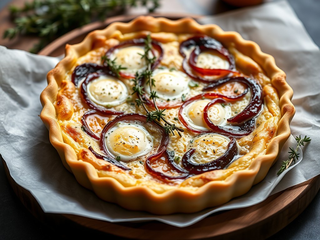 Quiche met rode ui, tijm en geitenkaas, AI-gegenereerde illustratie