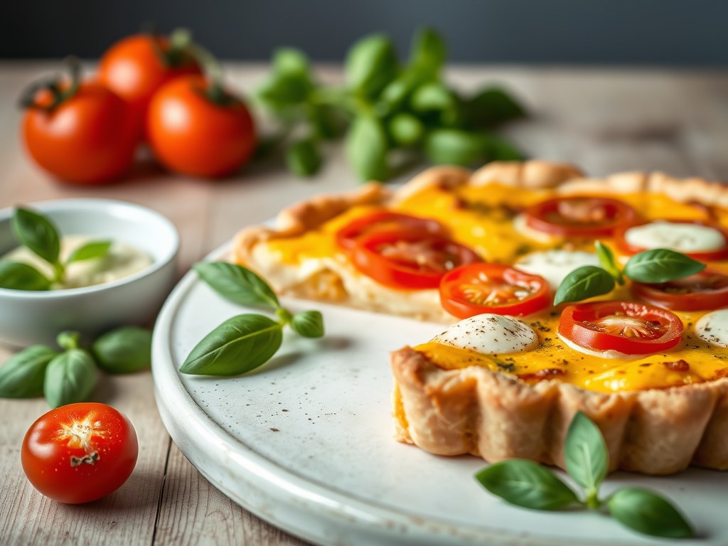 Quiche met tomaten en mozzarella, AI-gegenereerde illustratie