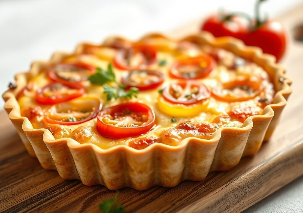 Quiche met tomaten, paprika, bleekselderij en uien — AI-gegenereerde illustratie