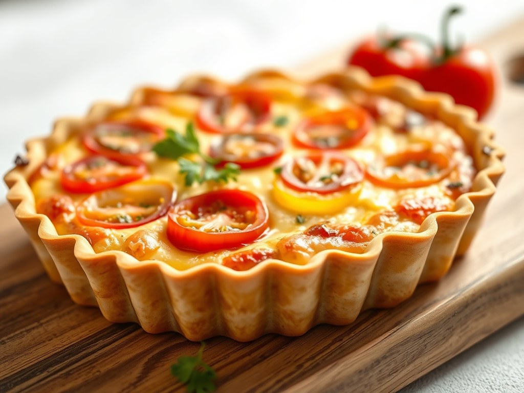 Quiche met tomaten, paprika, bleekselderij en uien, AI-gegenereerde illustratie
