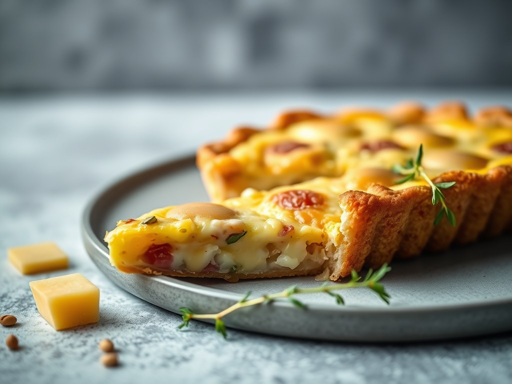Quiche met witloof, ham en cheddar, AI-gegenereerde illustratie