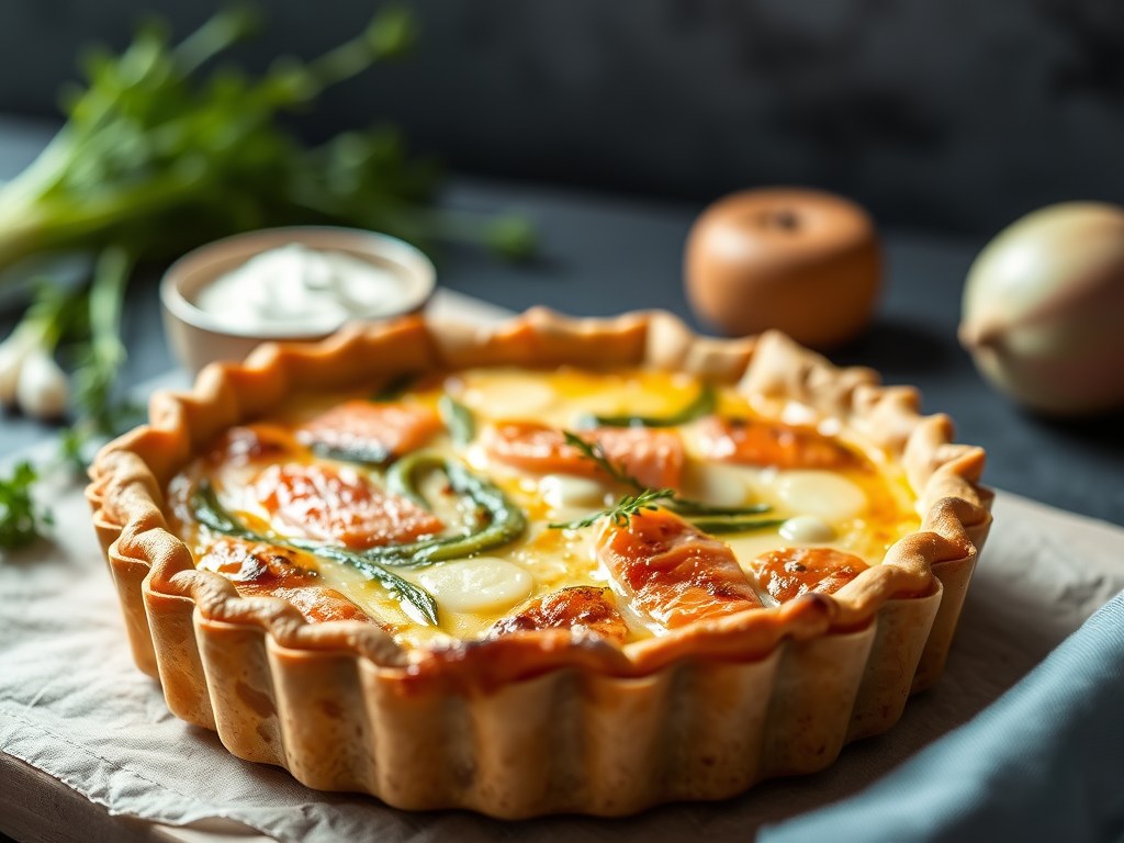 Quiche met zalm en prei gestoofd in een trappist, AI-gegenereerde illustratie