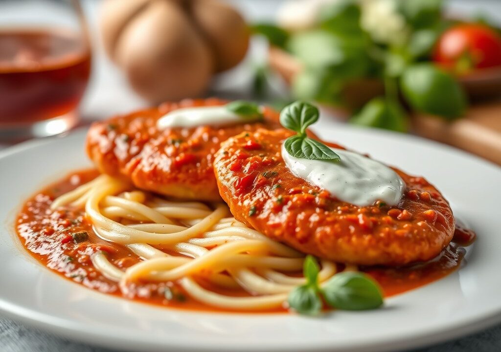 Quorn filets in rode pestosaus, AI-gegenereerde illustratie
