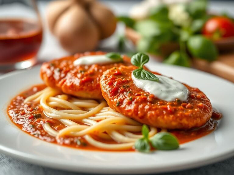 Quorn filets in rode pestosaus — AI-gegenereerde illustratie