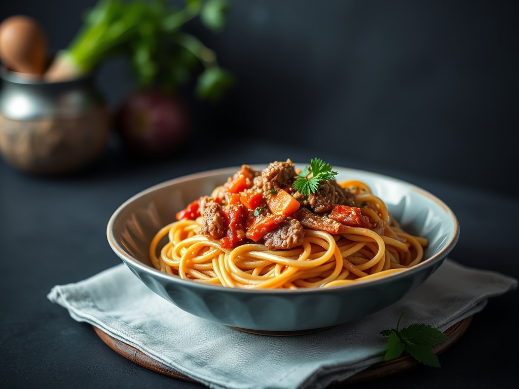 Quorn spaghetti bolognaise, AI-gegenereerde illustratie