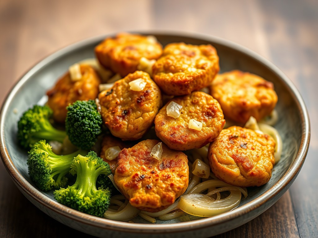 Quorn stukjes met broccoli en maïs, AI-gegenereerde illustratie