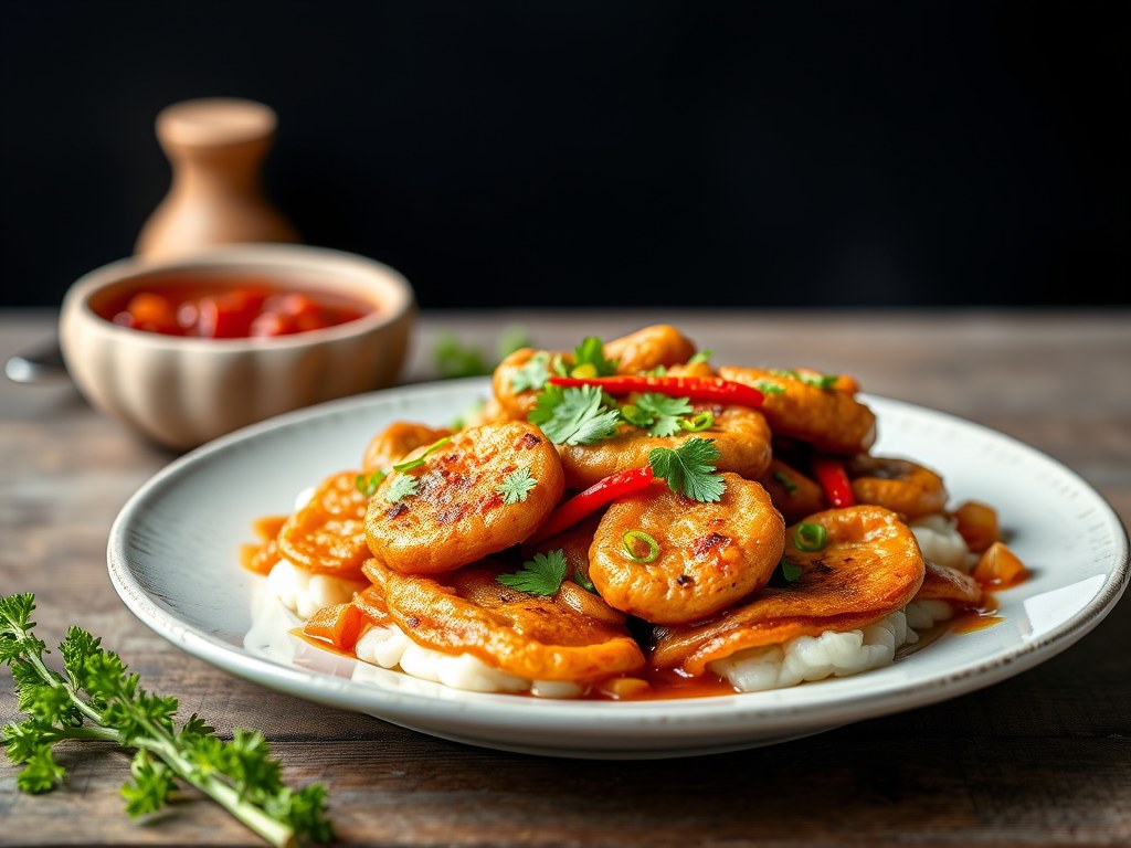 Quorn wokreepjes met rode peper bouillon, AI-gegenereerde illustratie