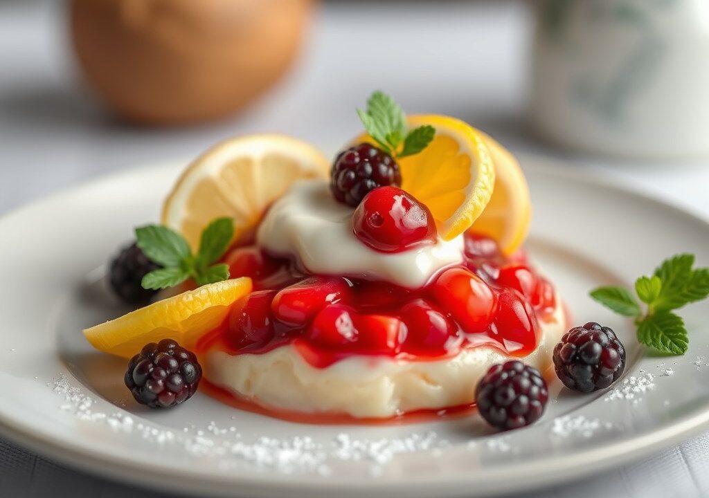 Rabarbercompote met kardemompudding — AI-gegenereerde illustratie