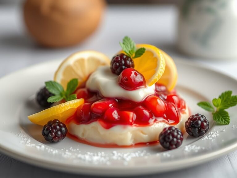 Rabarbercompote met kardemompudding — AI-gegenereerde illustratie