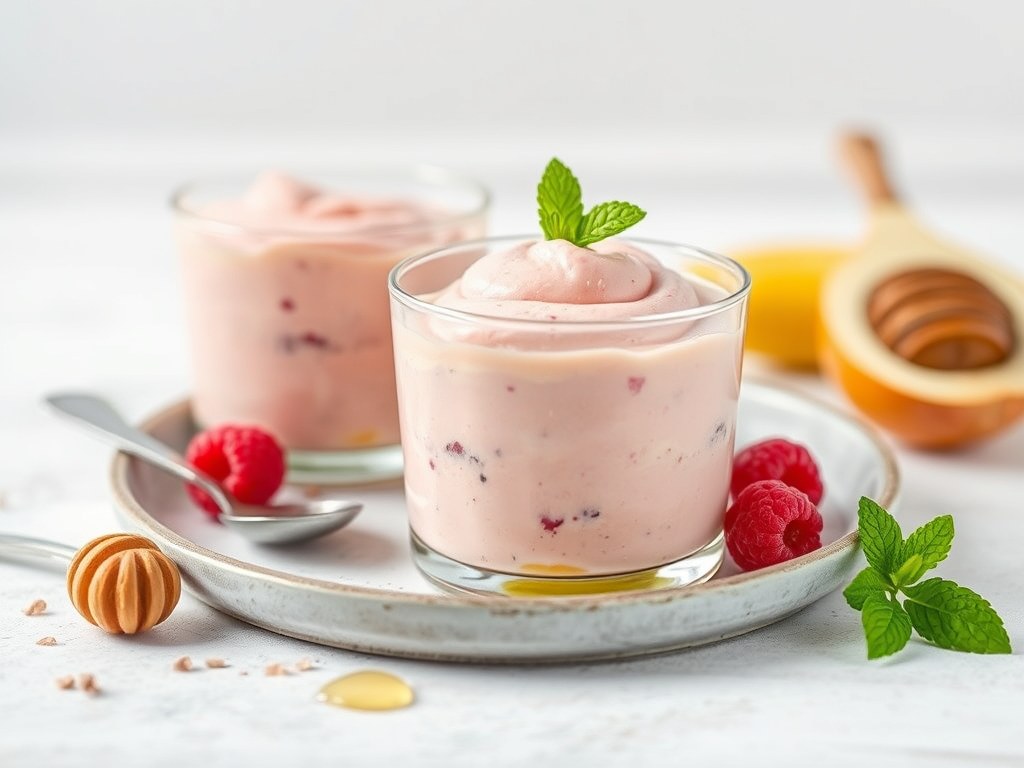 Rabarbermousse met honing en munt, AI-gegenereerde illustratie