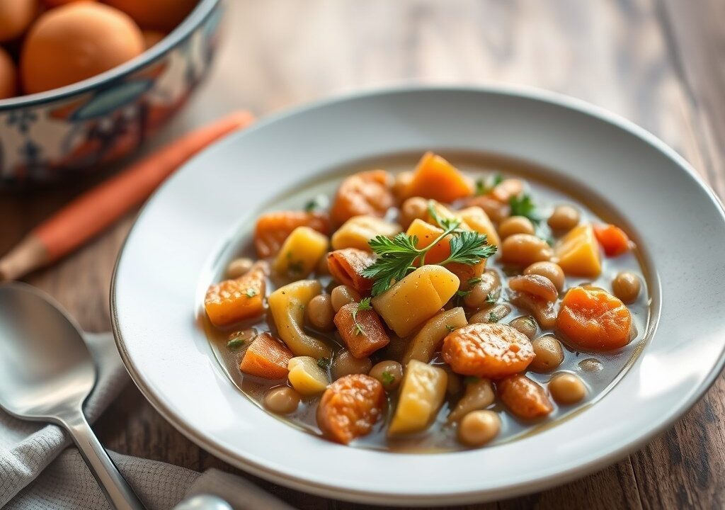 Ragout van hoevekip en Noordzeegarnaal, tuinboontjes en cantharellen, AI-gegenereerde illustratie