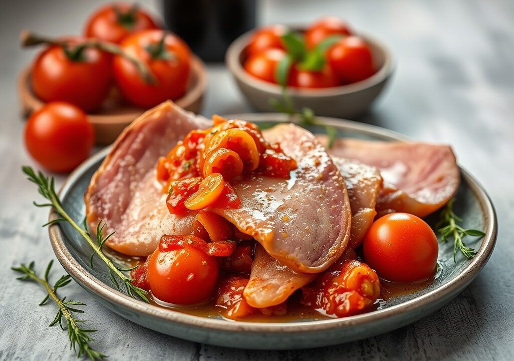Rauwe ham met tomatensalsa en gedroogde olijven, AI-gegenereerde illustratie