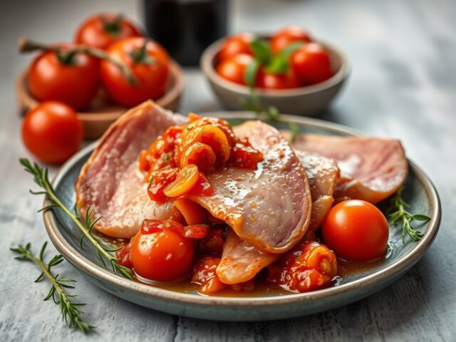 Rauwe ham met tomatensalsa en gedroogde olijven — AI-gegenereerde illustratie