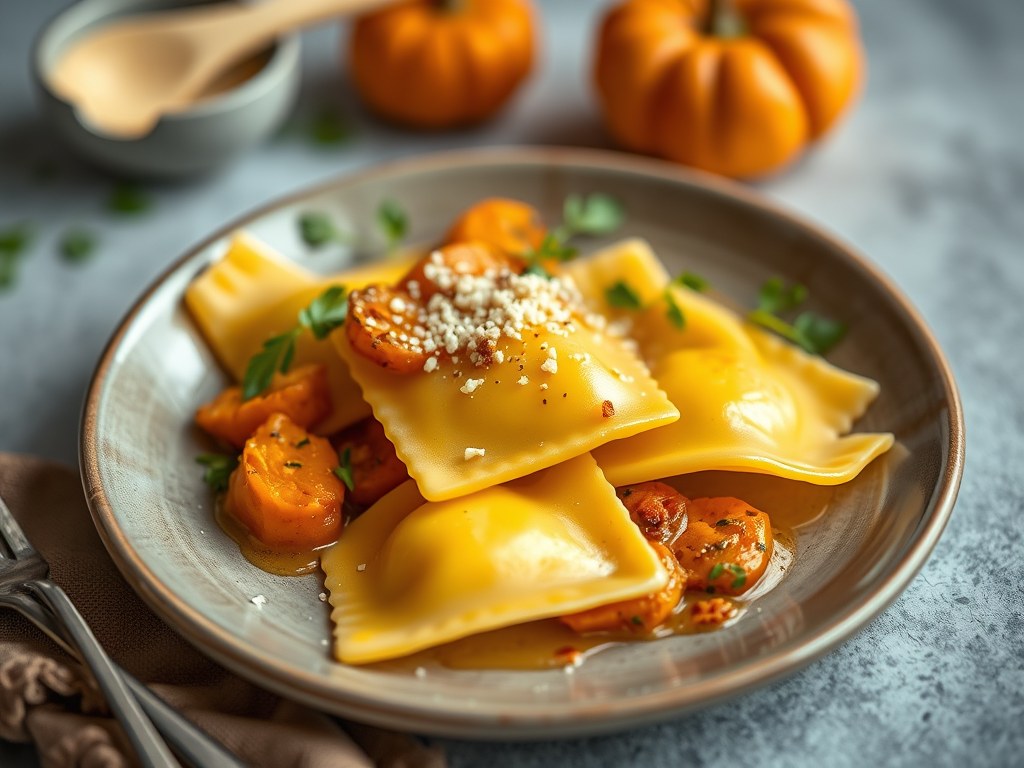 Ravioli met pompoen en salieboter, AI-gegenereerde illustratie